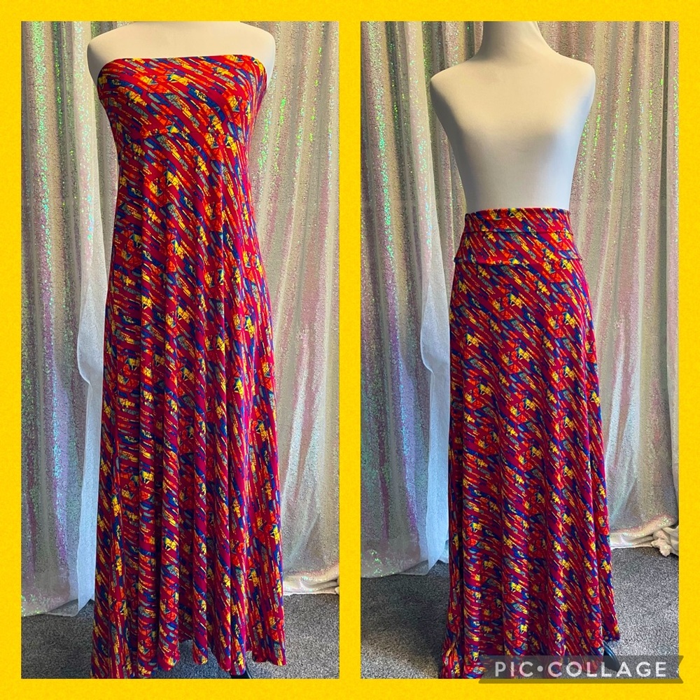 NWT Boho Convertible strapless dress/maxi skirt Rasp., yellow & blue stretchy